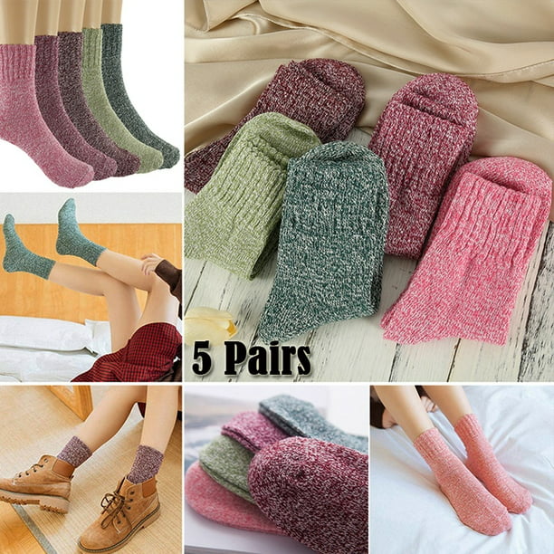 5 Pairs Wool Cashmere Thick Winter Socks Warm Soft Solid Casual Sport Women # UK 